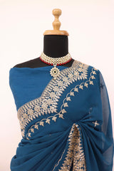 Awesome Embroidery Work Blue Color Saree