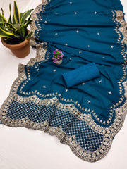 Awesome Embroidery Work Blue Color Saree