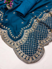 Awesome Embroidery Work Blue Color Saree