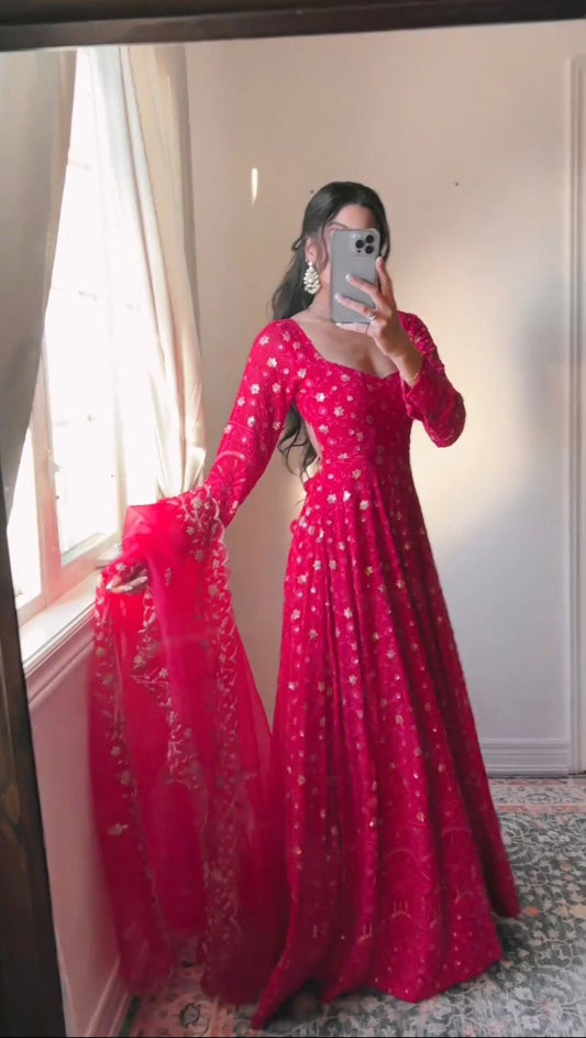 Blissful Thread With Sequence Pink Color Gown