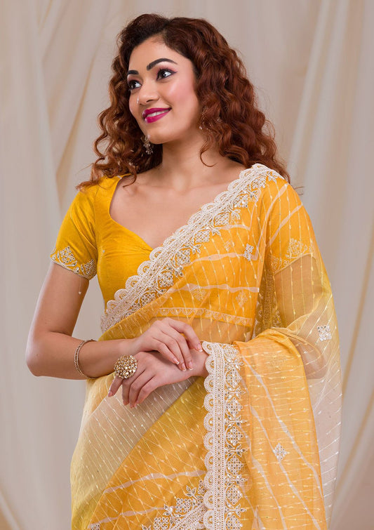 Embellished Thread Work Yellow Color Silk Saree