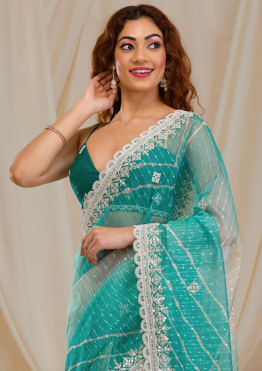 Embellished Thread Work Sky Blue Color Silk Saree