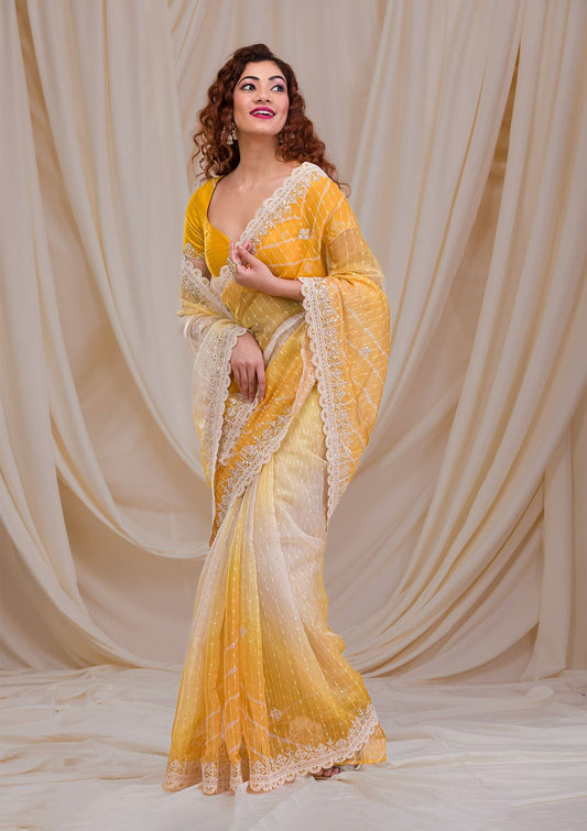 Embellished Thread Work Yellow Color Silk Saree