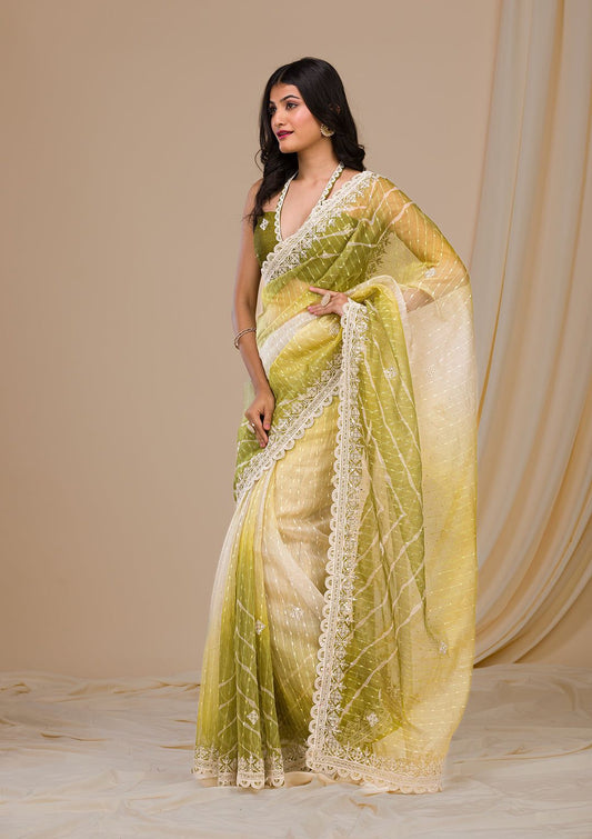 Embellished Thread Work Green Color Silk Saree