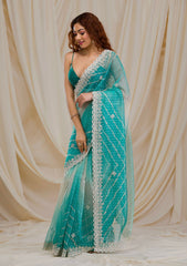 Embellished Thread Work Sky Blue Color Silk Saree