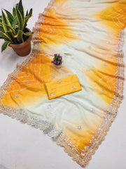 Embellished Thread Work Yellow Color Silk Saree