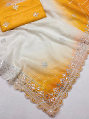 Embellished Thread Work Yellow Color Silk Saree