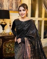 Luxuriant Embroidery Sequins Work Black Color Saree