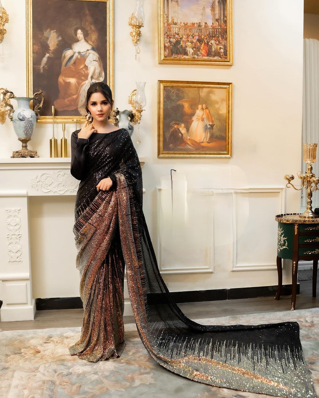 Luxuriant Embroidery Sequins Work Black Color Saree