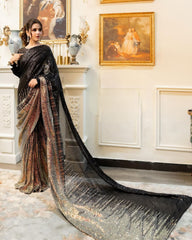 Luxuriant Embroidery Sequins Work Black Color Saree