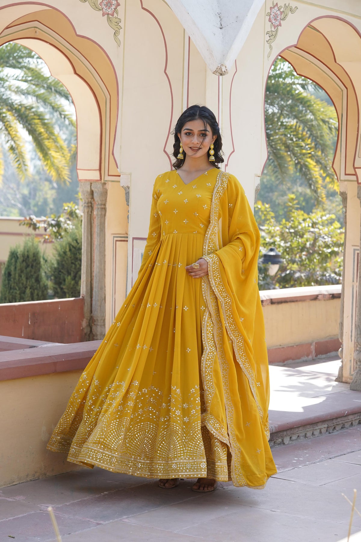 Marvelous Sequins Embroidery Work Yellow Color Gown