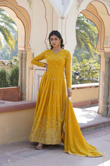 Marvelous Sequins Embroidery Work Yellow Color Gown