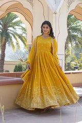 Marvelous Sequins Embroidery Work Yellow Color Gown