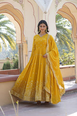 Marvelous Sequins Embroidery Work Yellow Color Gown