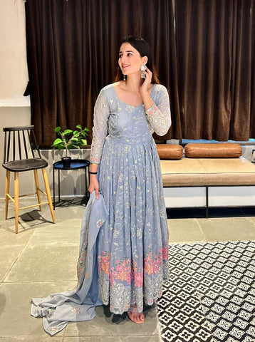 Admiring Grey Color Sequence And Embroidery Work Gown