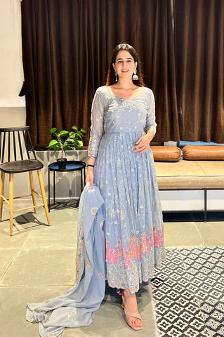 Admiring Grey Color Sequence And Embroidery Work Gown