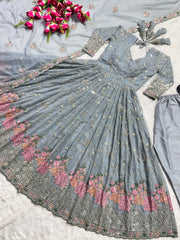 Admiring Grey Color Sequence And Embroidery Work Gown