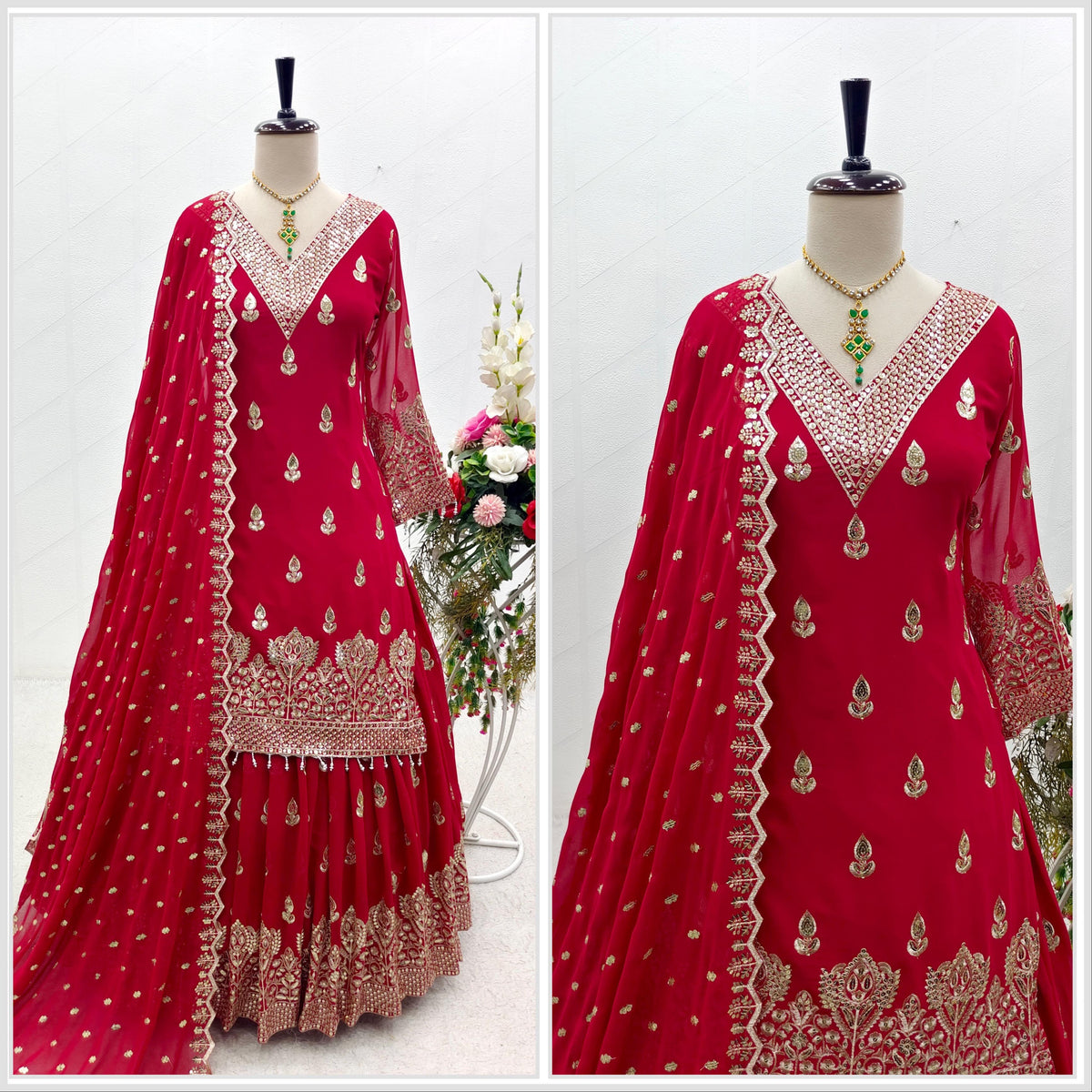 Fabulous Siqwans Embroidery Work Red Color Top With Lehenga