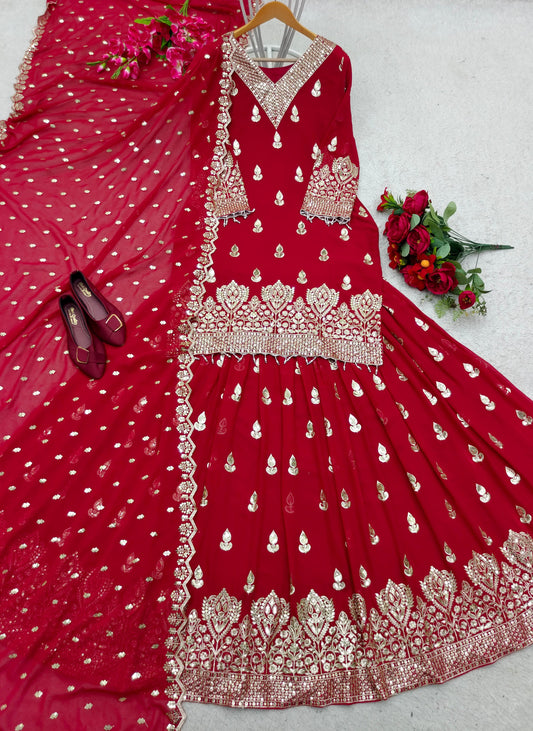 Fabulous Siqwans Embroidery Work Red Color Top With Lehenga