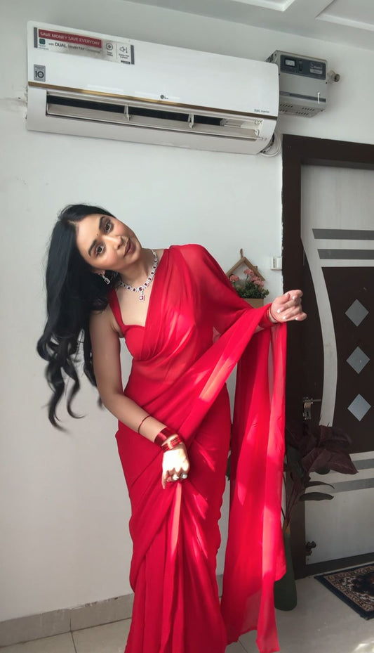 Outstanding Georgette Silk Red Color Ready To Wear Saree