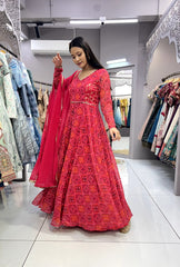 Beautiful Digital Print Red Color Long Gown