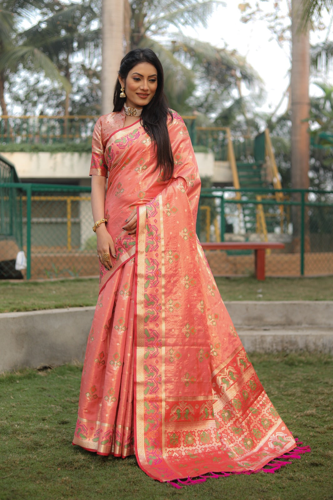 Amazing Patola Print Gajri Color Organza Sarees