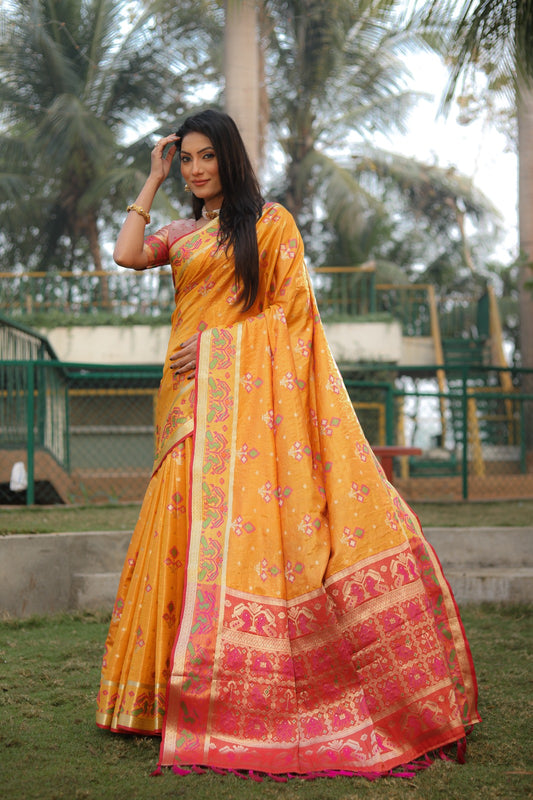 Amazing Patola Print Yellow Color Organza sarees