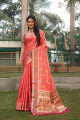 Amazing Patola Print Pink Color Organza Sarees