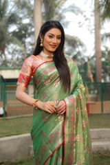 Amazing Patola Print Green Color Organza Sarees