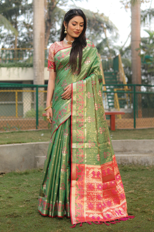 Amazing Patola Print Green Color Organza Sarees