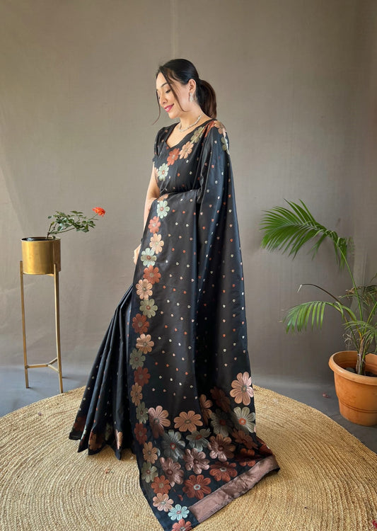 Outstanding Black Color Kanjivaram Banarasi Silk Saree