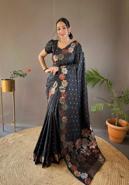 Outstanding Black Color Kanjivaram Banarasi Silk Saree