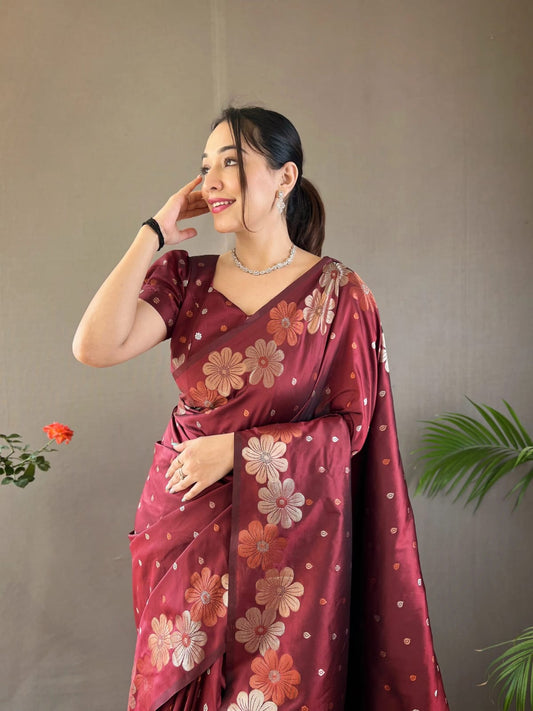 Outstanding Maroon Color Kanjivaram Banarasi Silk Saree