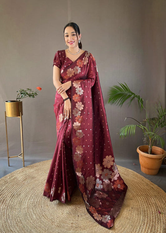 Outstanding Maroon Color Kanjivaram Banarasi Silk Saree