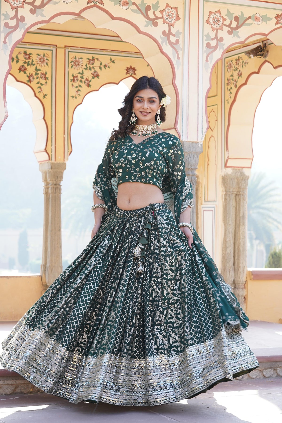 Charming Embroidered Sequins Work Green Color Lehenga Choli