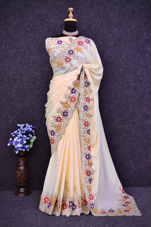 Presenting Embroidery Work White Color Saree