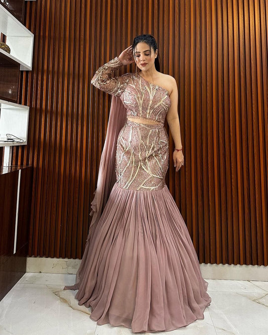 Captivating Embroidery Sequins Work Peach Color Lehenga Choli