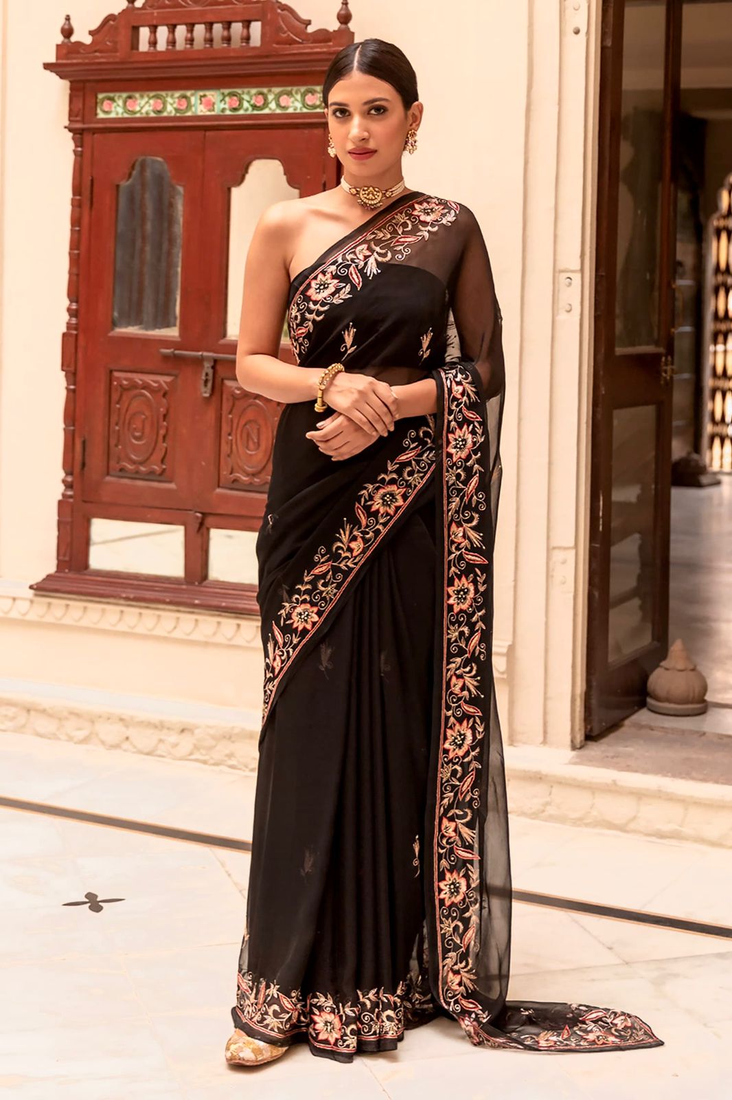 Delightful Black Color Embroidery Work Saree