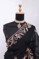 Delightful Black Color Embroidery Work Saree