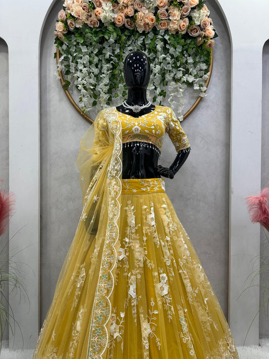 Fashionable Thread With Sequence Work Yellow Color Lehenga Choli