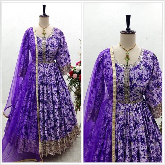 Flattering Sequence Embroidery Work Purple Color Gown