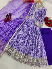 Flattering Sequence Embroidery Work Purple Color Gown