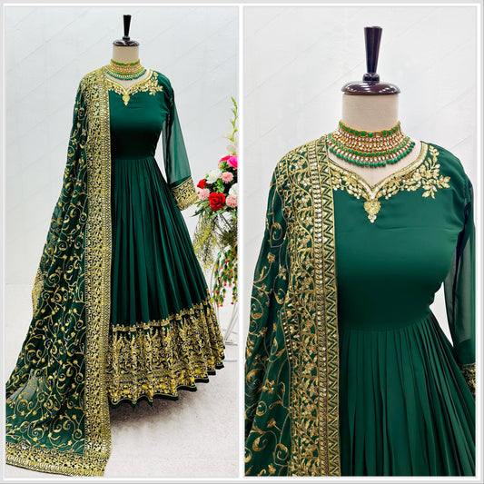 Captivating Sequence Embroidery Work Green Color Gown