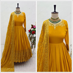 Captivating Sequence Embroidery Work Yellow Color Gown