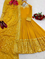 Captivating Sequence Embroidery Work Yellow Color Gown