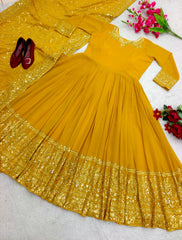 Captivating Sequence Embroidery Work Yellow Color Gown