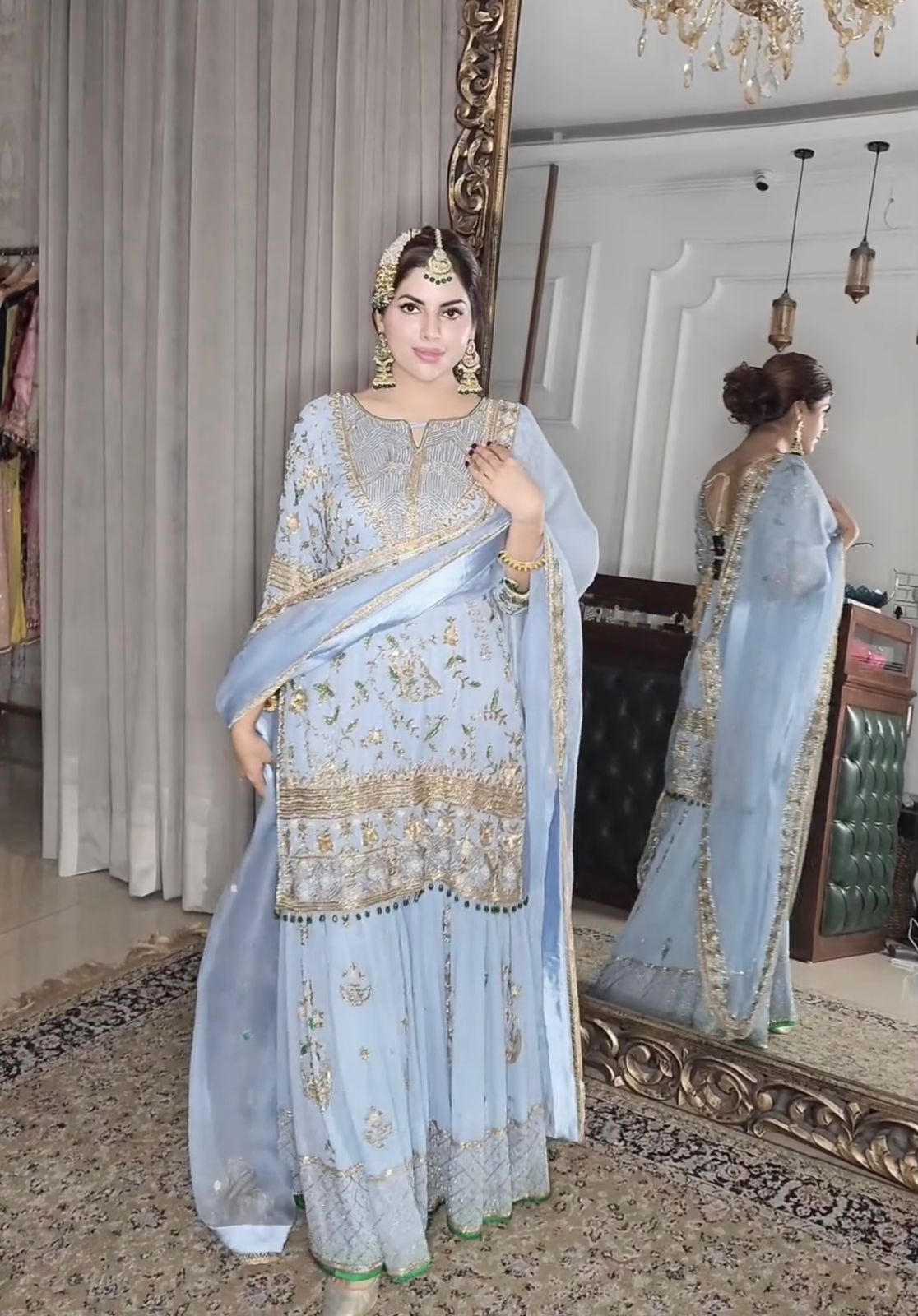 Fantastic Embroidery Work Sky Blue Color Sharara Suit