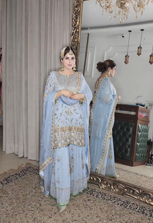 Fantastic Embroidery Work Sky Blue Color Sharara Suit