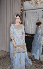 Fantastic Embroidery Work Sky Blue Color Sharara Suit