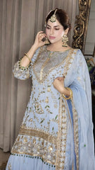 Fantastic Embroidery Work Sky Blue Color Sharara Suit